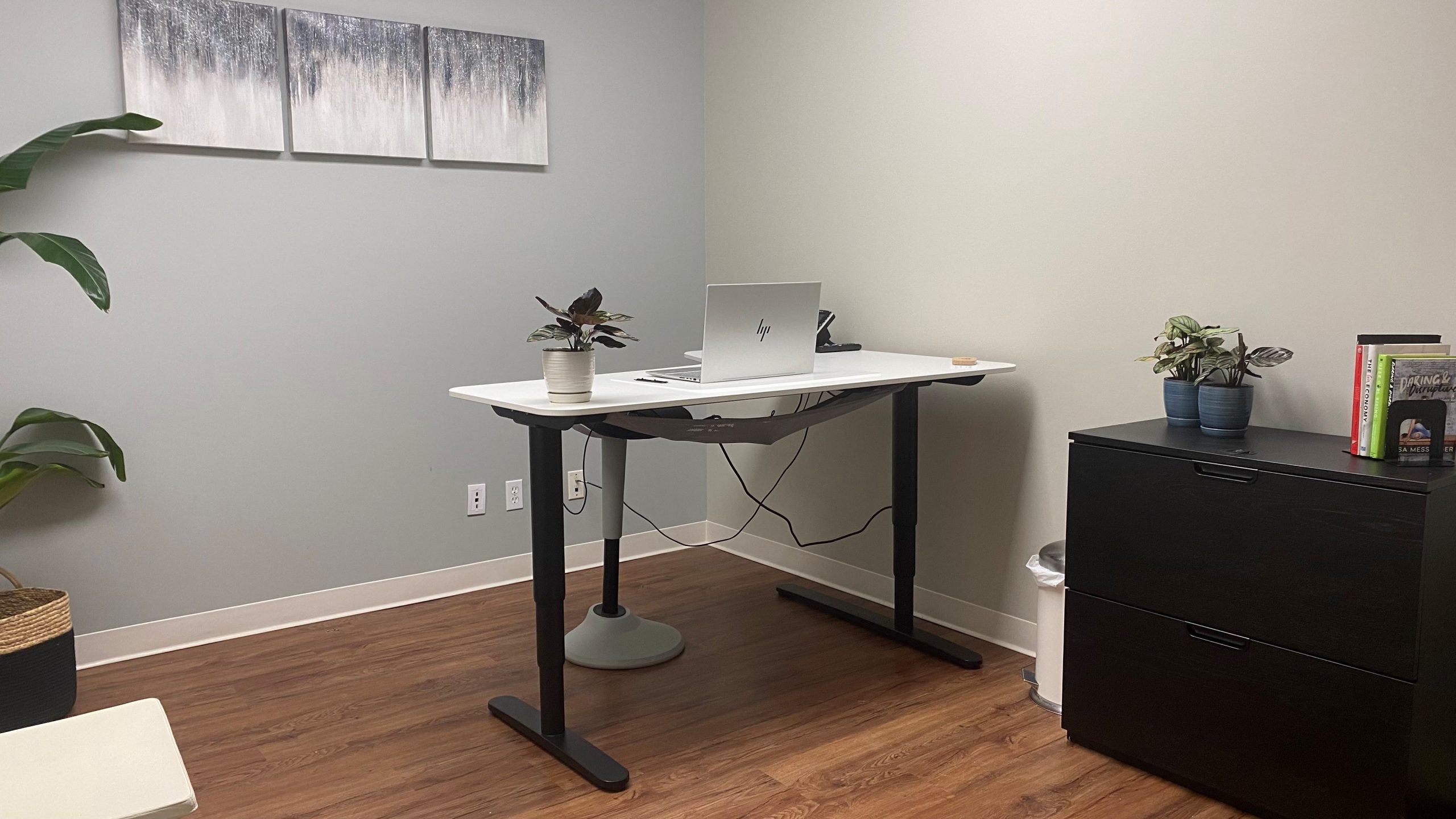 Co-office equipt with a sit/stand ergonomic desk, filing cabinet, phone, and video conferencing screens. 32in video conferencing screens, phones, a filing cabinet, and sit/stand ergonomic desks for your physical well-being.